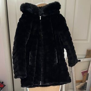 DKNY large women black fur coat hooded silver details NWT